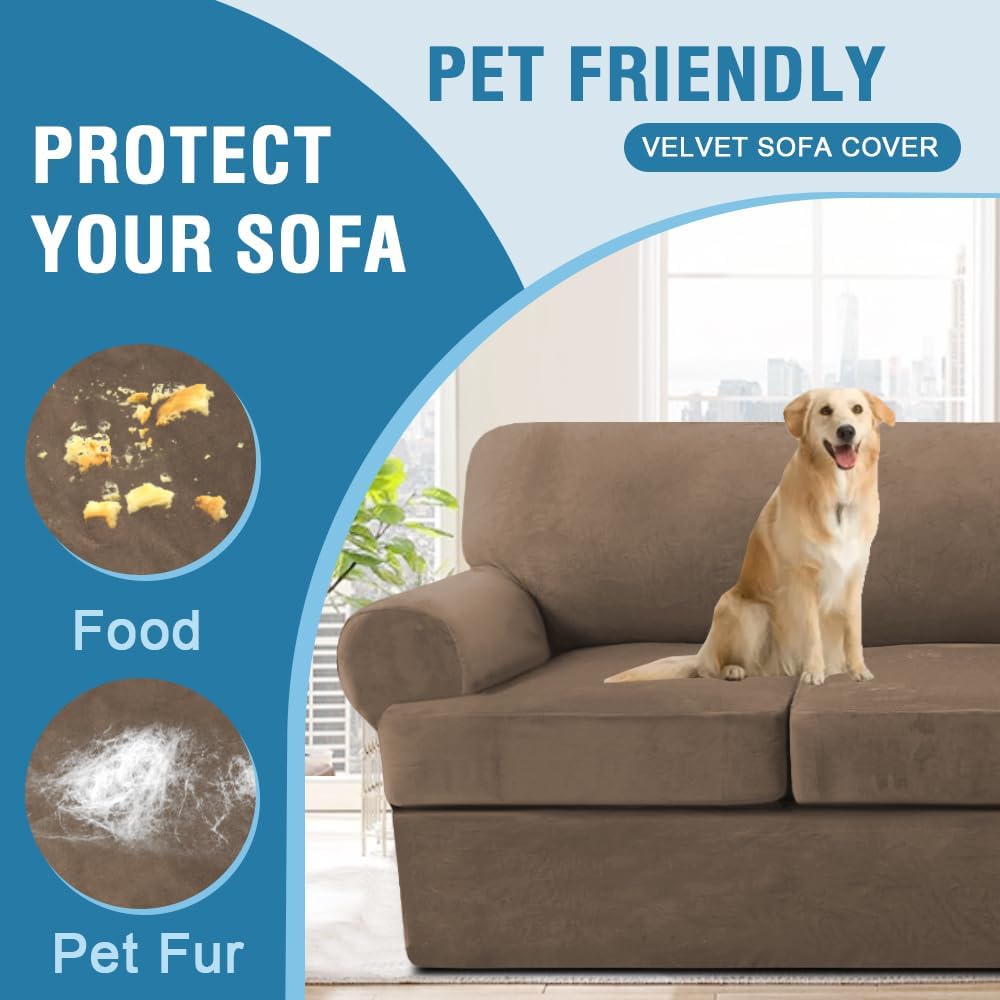 H.VERSAILTEX Sofa Cover 4 Piece T Cushion Sofa Slipcovers Thick Velvet Couch Cover Stretch T Cushion Sofa Covers for 3 Cushion Couch with 3 Individual T Cushion Covers, Mocha