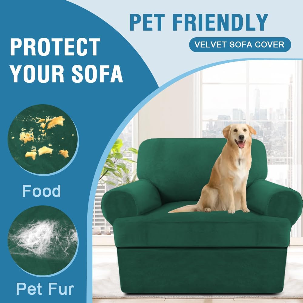 H.VERSAILTEX Sofa Cover 2 Piece T Cushion Armchair Slipcovers Thick Velvet Couch Cover Stretch T Cushion Sofa Covers for 1 Cushion Couch with 1 Individual T Cushion Covers, Vintage Green