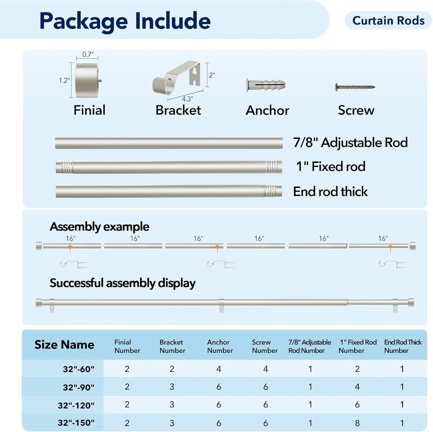 2 Pack Curtain Rods for Windows 72 to 144 Inch, 1 Inch Brushed Nickel Adjustable Heavy Duty Outdoor Curtain Rod for Patio Bedroom, Drapery Rods Set with End Cap, Size 32"- 150"