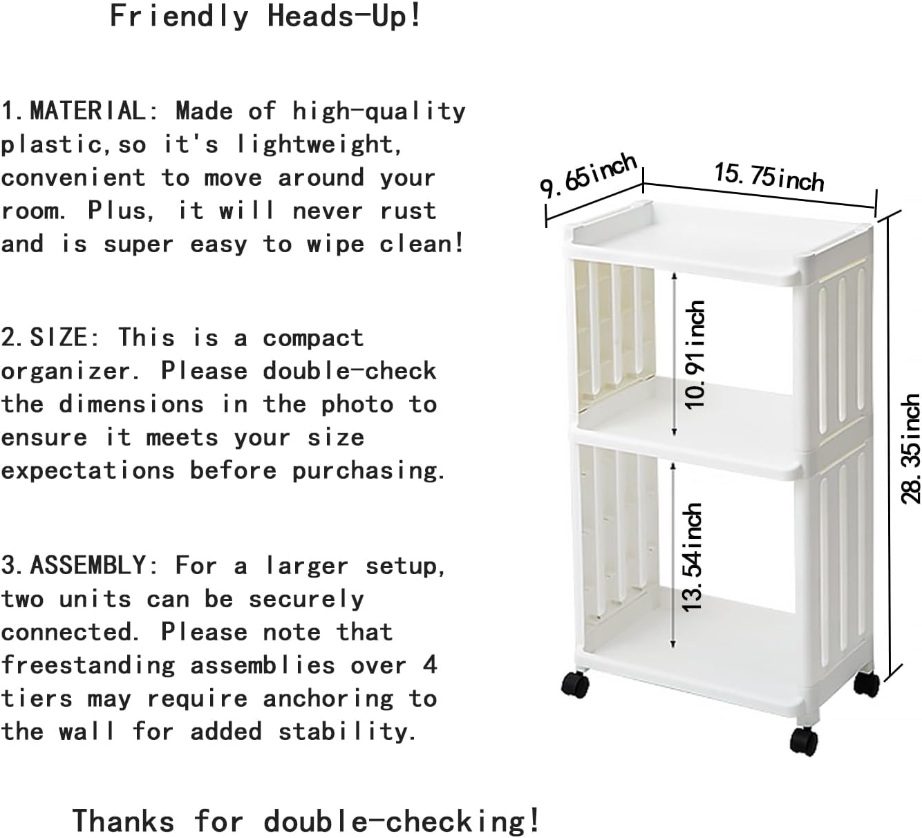 3 Tier Rolling Storage Cart Organizer Shelf on Wheels Movable Organization Rack with Wheels Shelving Unit Trolley for Bathroom Laundry Room Office Utility Cart (Taller Size)