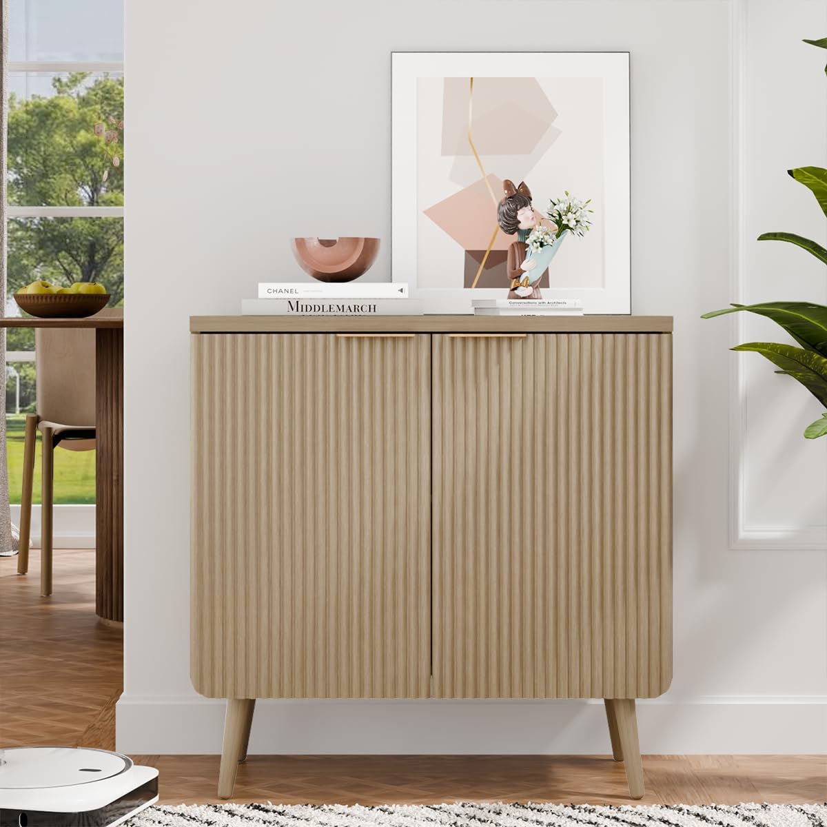 29.5" Sideboard Cabinet with Doors, Modern Buffet Cabinet with Adjustable Shelf, Dining Room Sideboard, Fluted Buffet Sideboard for Living Room, Hallway, Entryway, Natual Oak