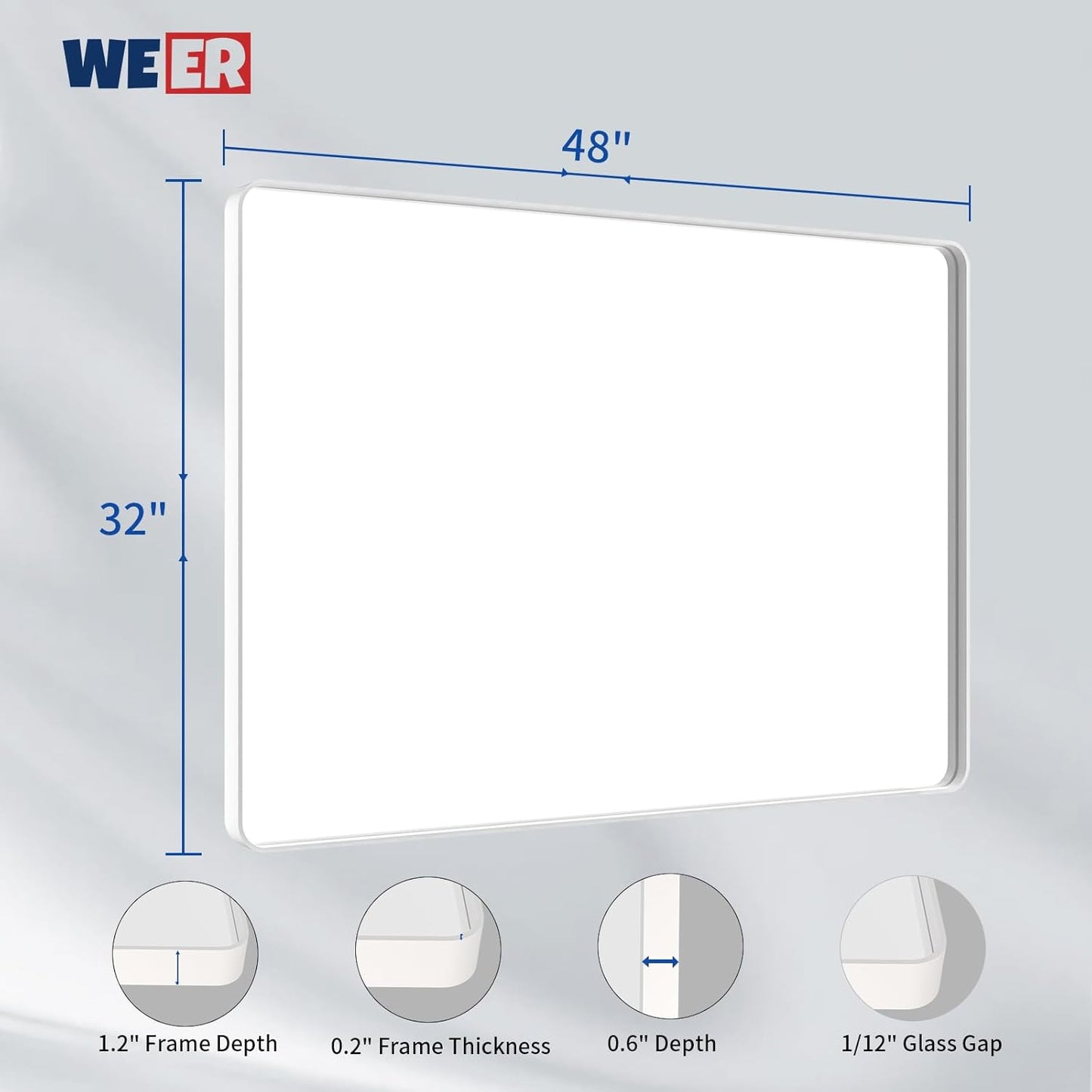 WEER White Bathroom Mirror 48X32 Inch, Rounded Rectangle White Metal Frame Mirror, Matte White Bathroom Vanity Mirror with Tempered Glass, Anti-Rust, Hangs Horizontally or Vertically