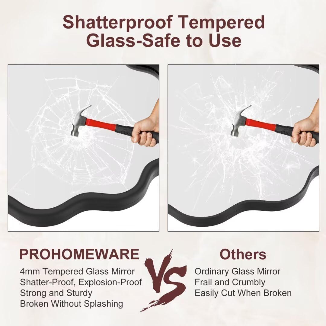 PROHOMEWARE Black Round Mirror 20 Inch Wavy Bathroom Vanity Mirror Black Frame Modern Wall Mirror Decorative Wall-Mounte Anti-Rust, Tempered Glass