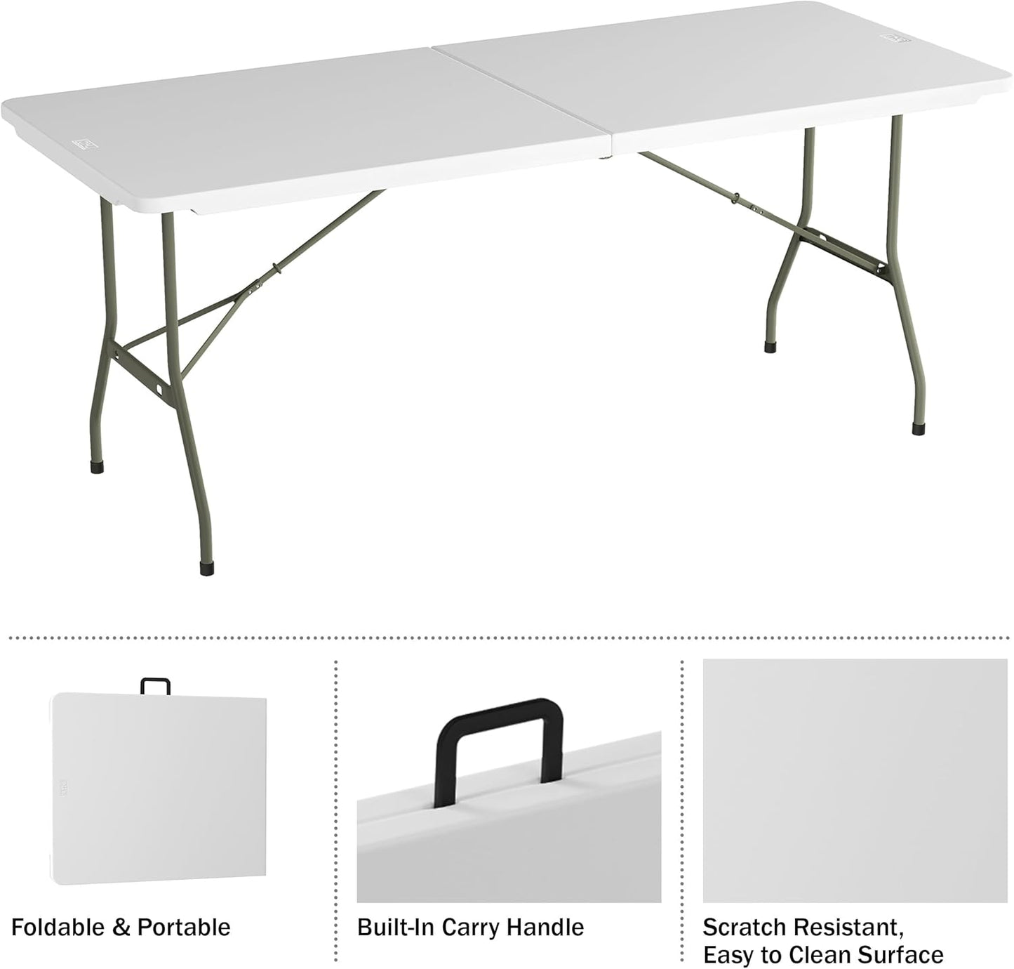 Lavish Home 6-Foot Folding Table - Indoor and Outdoor Table for Camping, Dining, Buffets, Crafts, and Playing Cards - Portable Picnic Table (White)