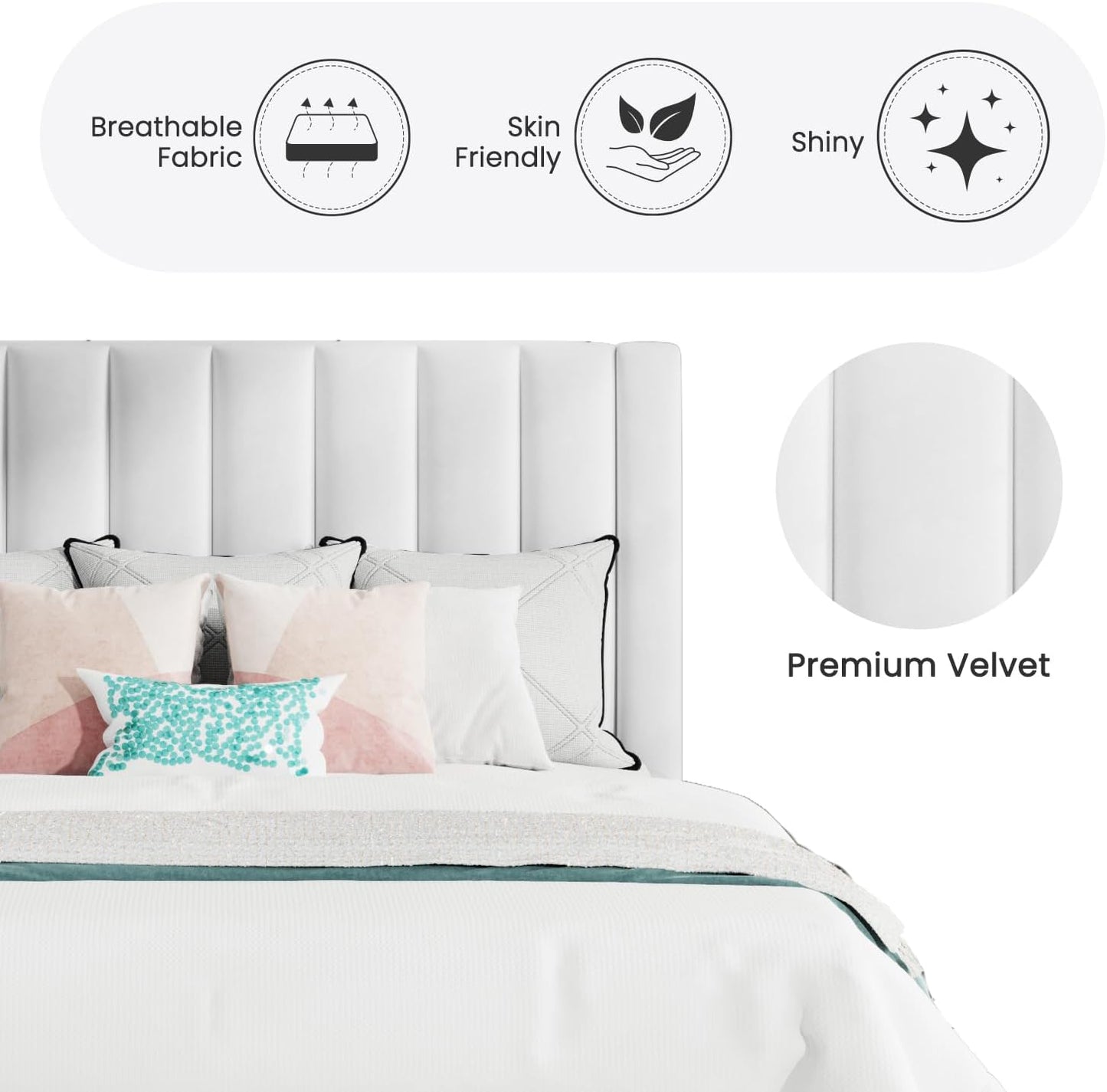 SHA CERLIN Queen Bed Frame/Velvet Upholstered Platform Bed Frame with Headboard/Strong Wood Slats Support/Mattress Foundation/No Box Spring Needed/Easy Assembly/White