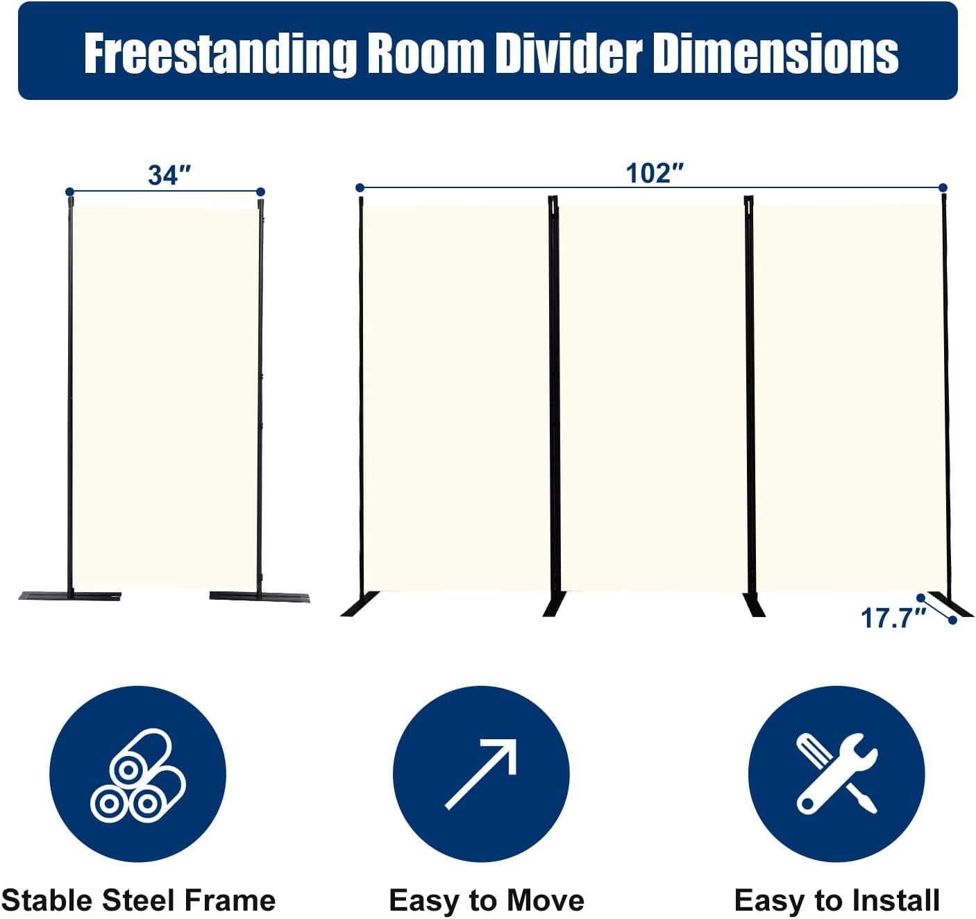 Room Divider 6FT Portable Room Dividers and Folding Privacy Screens, 102'' W Fabric Divider for Room Separation, 3 Panel Partition Room Dividers Freestanding Wall Divider Screen for Dorm Studio Office