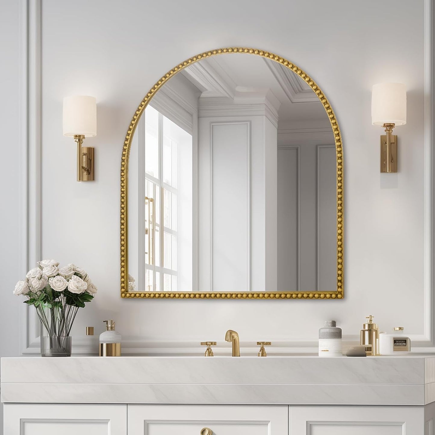 28x26 Inch Arched Bathroom Mirror, Antique Gold Wall Mirror Metal Beaded Frame, Vanity Mirror for Dresser Living Room Bedroom Mantel Entryway Hallways