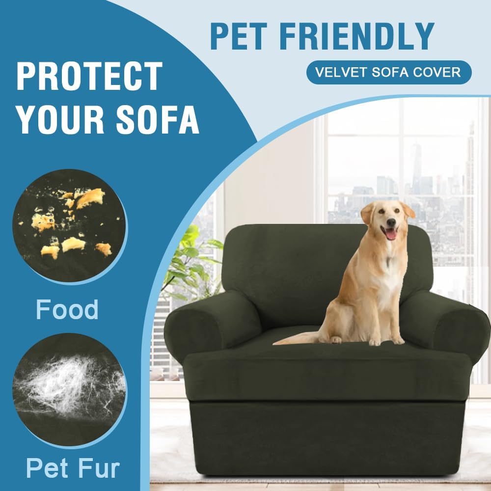 H.VERSAILTEX Sofa Cover 2 Piece T Cushion Armchair Slipcovers Thick Velvet Couch Cover Stretch T Cushion Sofa Covers for 1 Cushion Couch with 1 Individual T Cushion Covers, Olive