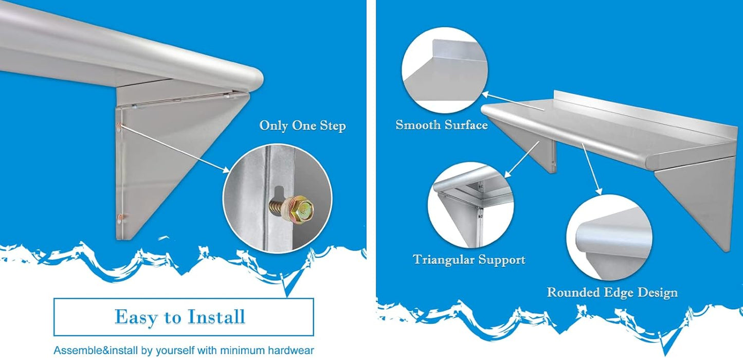 12''x36'' - 2PACKS Wall Mounted Stainless Steel Shelf NSF Commercial Metal Wall Mount Floating Shelving for Kitchen, Restaurant, Food Truck,Garage,Washrooms,Home&Hotel