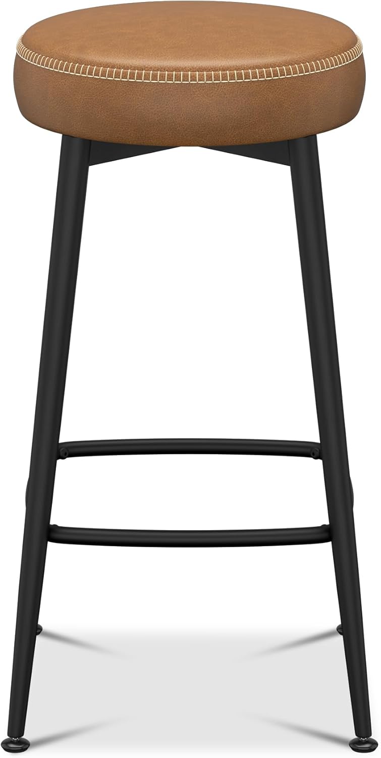 Counter Height Bar Stools, 26" H Backless Bar Stools Set of 6, Upholstered Faux Leather Kitchen Counter Stools, Mid Century Modern, Kitchen Island Home Bar, Pub, Caramel Brown