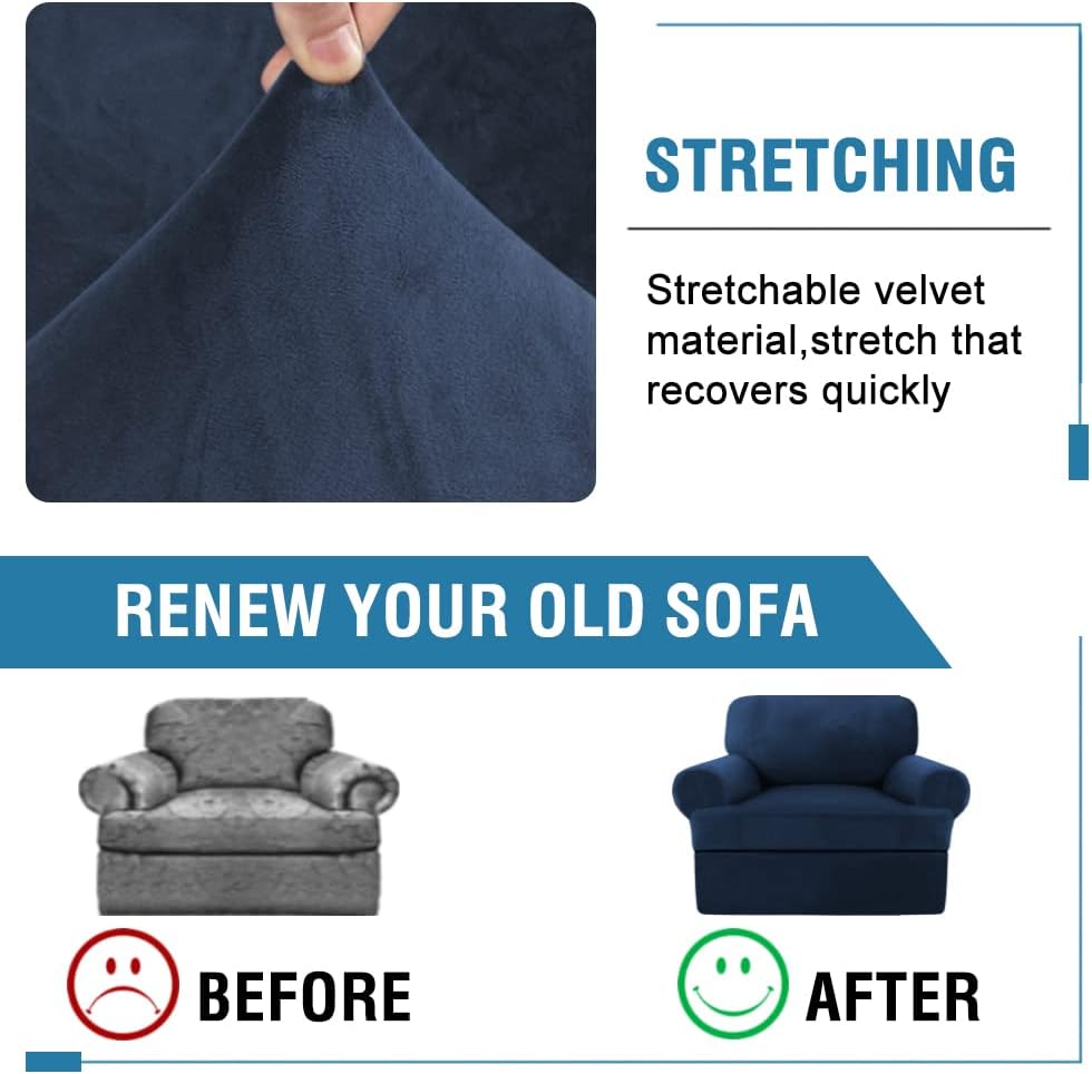 H.VERSAILTEX Sofa Cover 2 Piece T Cushion Armchair Slipcovers Thick Velvet Couch Cover Furniture Protector Stretch T Cushion Sofa Covers for 1 Cushion Couch with 1 Individual T Cushion Covers, Navy