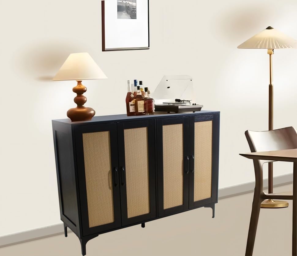 Buffet Sideboard, Side Storage Cabinet, entryway Cabinet, Buffet Sideboard with Rattan, Featuring 4 Doors and Adjustable Shelves, Suitable for Living Room (Black)