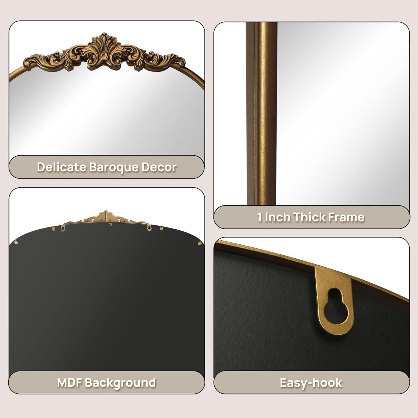 Vintage Gold Arched Wall Mirror 36"x30" โ Ornate Baroque Style Antique Brass Frame, Decorative Large Mirror for Entryway, Living Room, Fireplace, Hallway, Bathroom