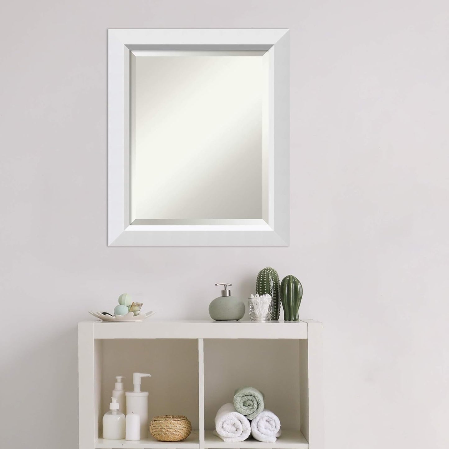 Amanti Art White Bathroom Mirror for Over Sink, 24x20 Blanco White Rectangle Vanity Mirror, Small Modern Contemporary Wood Frame, Hangs Horizonally and Vertically, Bathroom Wall Decor, Beveled Edge