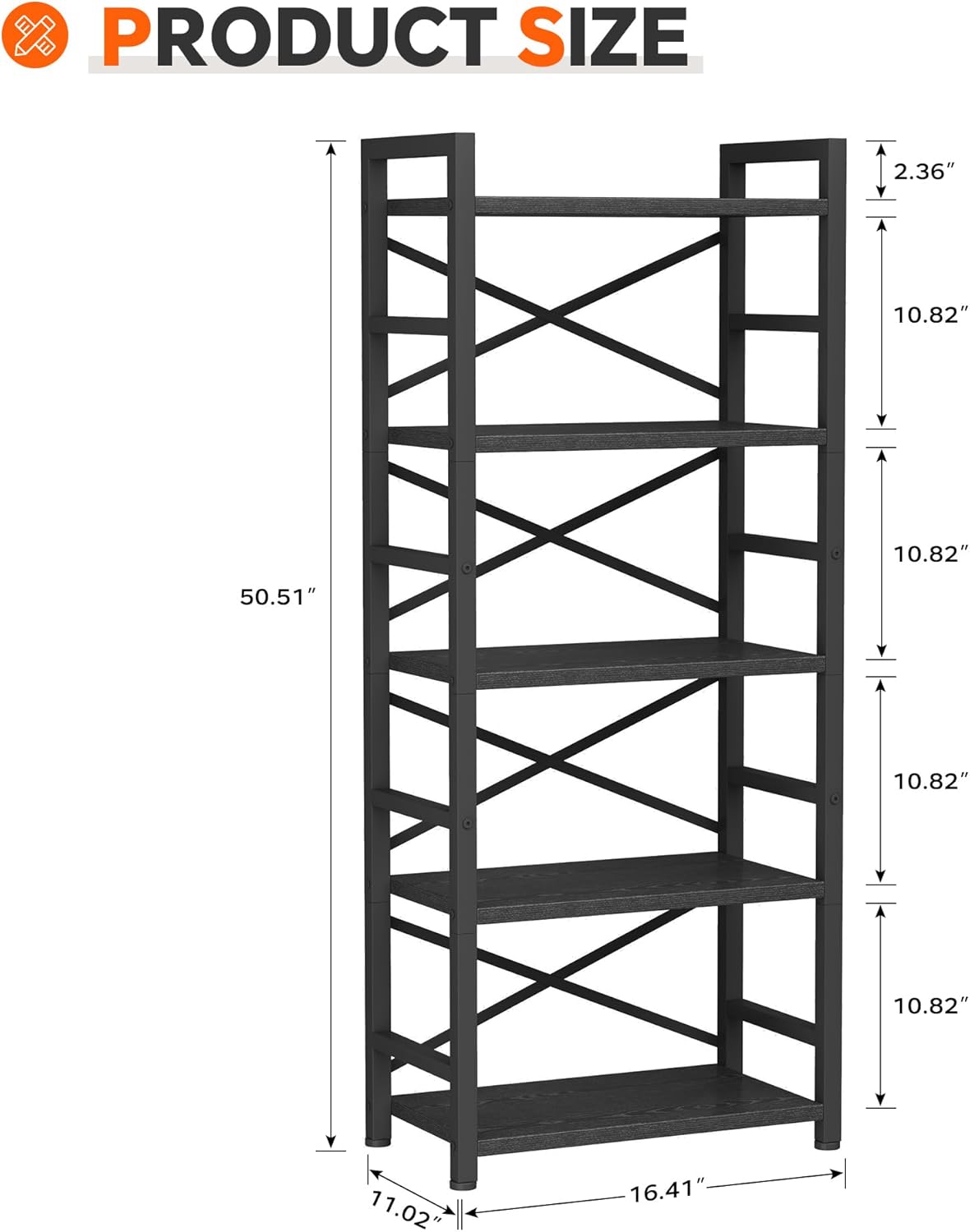 Homeiju Organization and Storage,Tall Bookcase with Shelves, Wood and Metal Book Shelf Storage Organizer, Industrial Display Standing Shelf Unit for Bedroom, Living Room, Black