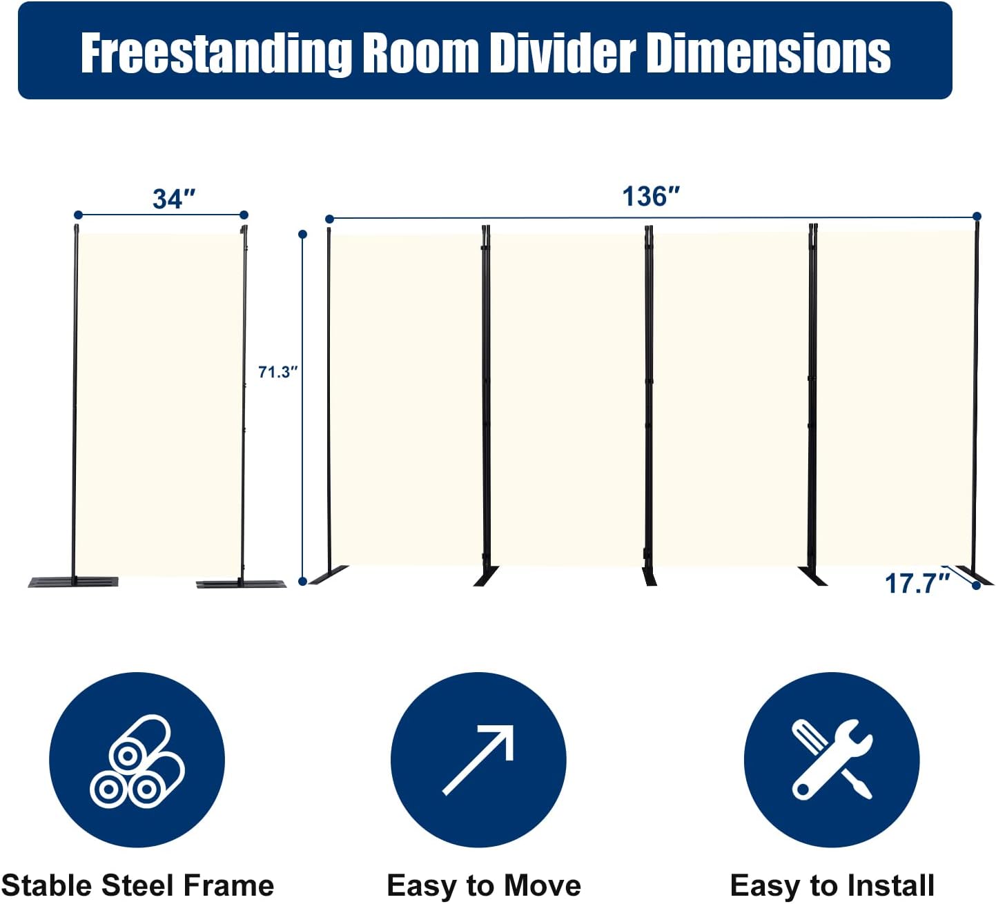 Room Divider 6FT Portable Room Dividers and Folding Privacy Screens, 136'' W Fabric Divider for Room Separation, 4 Panel Partition Room Dividers Freestanding Wall Divider Screen for Dorm Studio Office