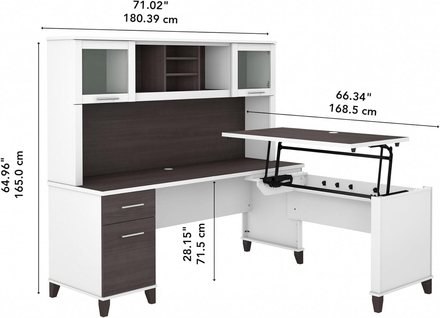 Bush Furniture Somerset 72W 3 Position Sit to Stand L Shaped Desk with Hutch in White and Storm Gray