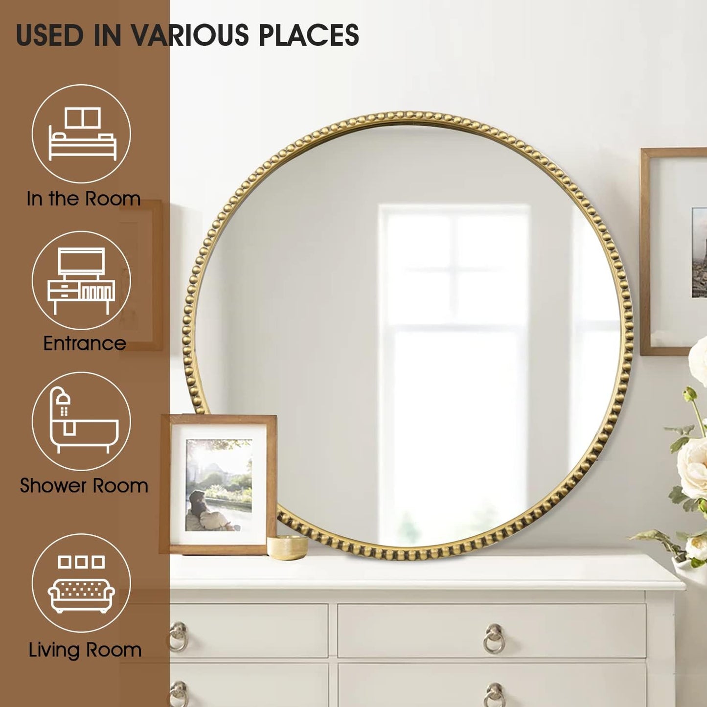 Round Bathroom Wall Mirror, 28"x28" Antique Gold Metal Beaded Frame Vanity Mirror, Wall Mounted Large Circle Makeup Mirror for Bedroom, Living Room, Entryway