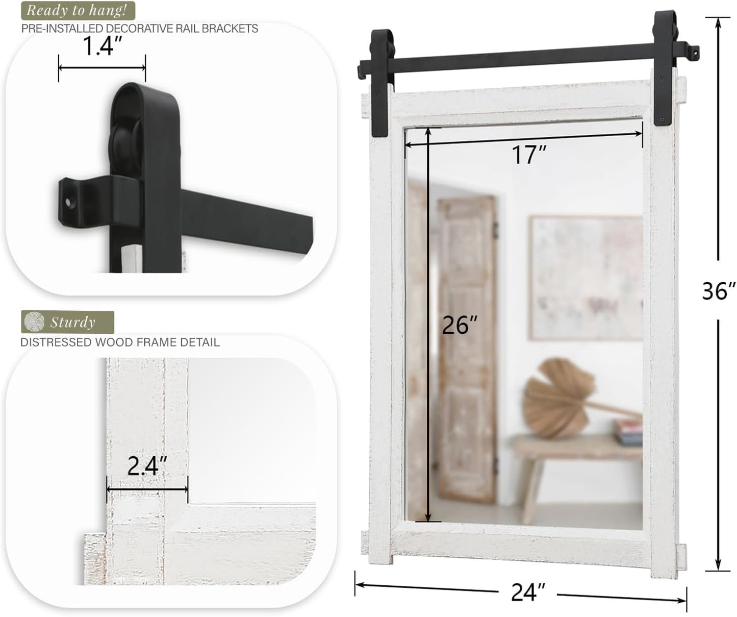 Rustic Barn Door Mirror: 24"x36" White Farmhouse Wood Frame - Wall Mirror for Entryway/Bathroom/Living Room Wall Decor