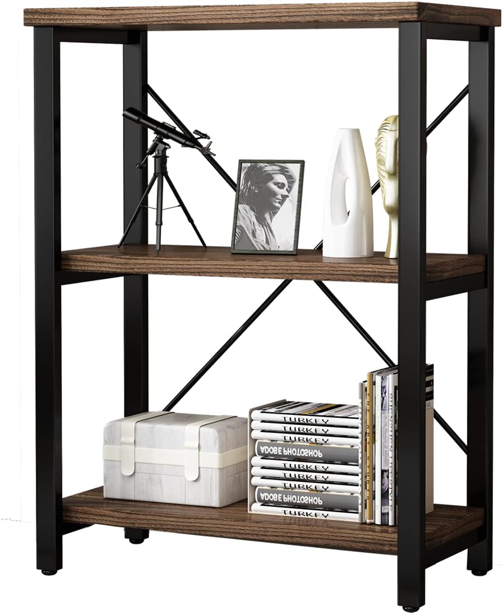 3 Tier Industrial Solid Wood Bookcases, Open Etagere Bookshelf with Metal Frame, Rustic Wood and Metal Shelving Storage Organizer for Living Room Book Shelves Furniture (AY01-3tier)