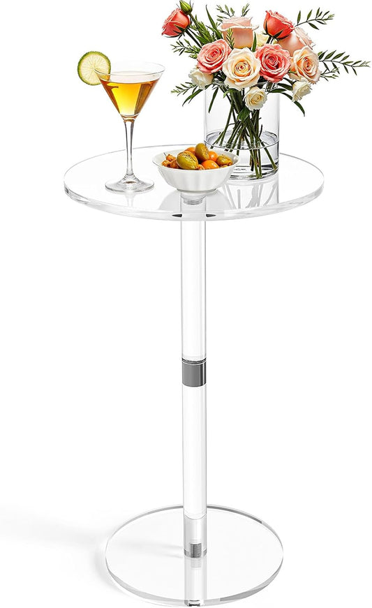 11.8" Round Clear Acrylic End Table - Modern Small Space Side Table for Living Room, Bedroom, Office, Outdoor | Sturdy, Easy to Install, Multi-Purpose