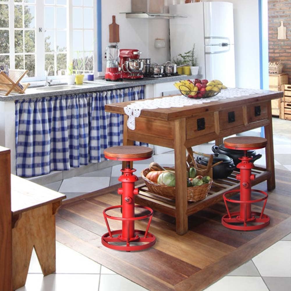 Topower Antique Industrial Round Bottom Adjustable Height Cafe Coffee Retro Vintage Stylish Water Pipe Design Pub Kitchen Bar Stool Antique Red