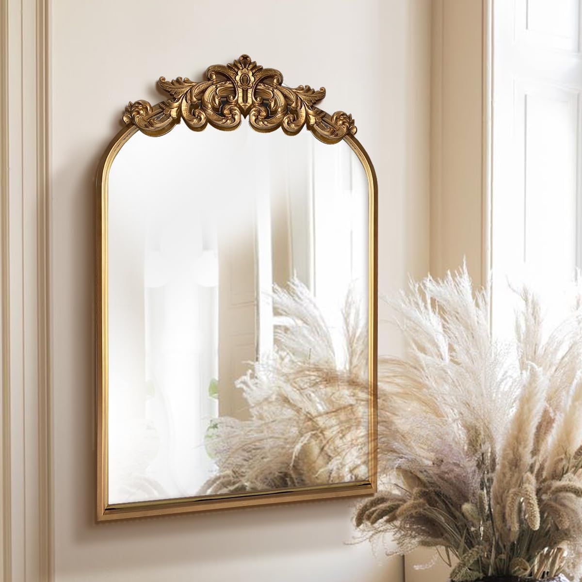 WAMIRRO Ornate Gold Mirror,Vintage Arched Baroque Antique Mirorrs for Living Room Hallway Fireplace Bathroom Entryway 19"X27"