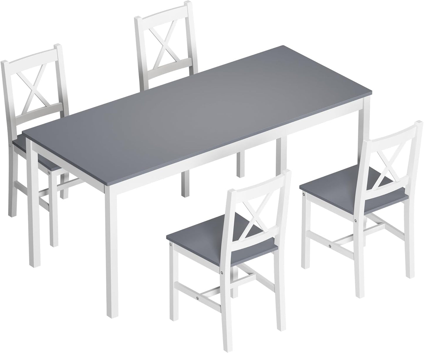 soges 5 Pieces Dining Table Set, Pine Wood Kitchen Table with 4 Chairs, 47.2 inch Table Set for 4, Rectangular Dining Table Furniture Set for Kitchen, Dining Room, Dinette, White Grey