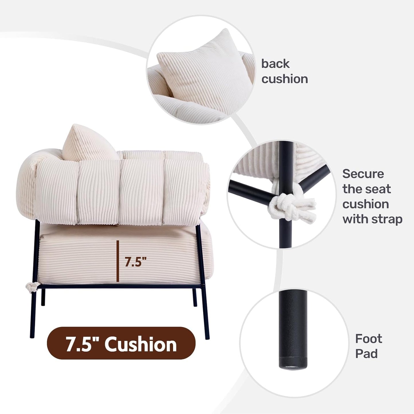 HollyHOME Modern Velvet Accent Chair with Ottoman, Upholstered Comfy Reading Chair and Footstool, Fabric Large Lazy Arm Chair and Stool, Lounge Sofa Chair for Living Room, Bedroom, Beige Chair&Stool