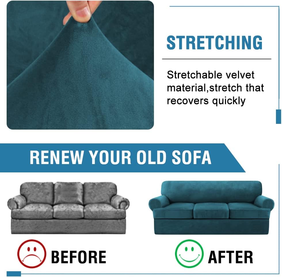 H.VERSAILTEX Sofa Slipcovers - 4 Piece Thick Velvet Couch Covers for 3 Cushion Couch with 3 Individual T Cushion Covers, Deep Teal