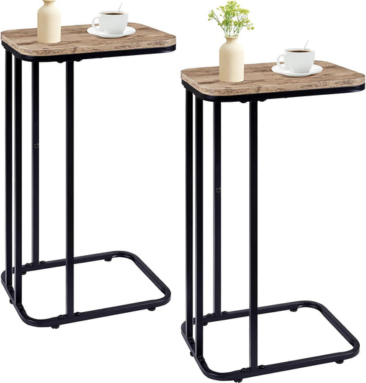 C Shaped End Table Set of 2, Small Side Table for Sofa and Bed, Couch Tables That Slide Under, Tall Tv Tray Table for Living Room, Bedroom, Greige + Black
