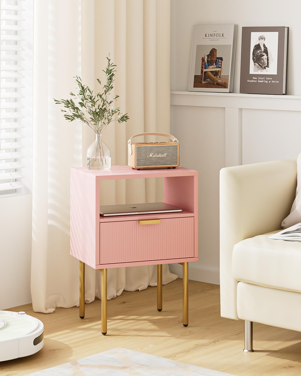 Nightstand,Morden Bedside Table with Gold Frame,Small White Night Stand,End Table,Bedside Furniture,Side Table with Drawer and Shelf for Bedroom,Living Room (1Drawer, Pink)