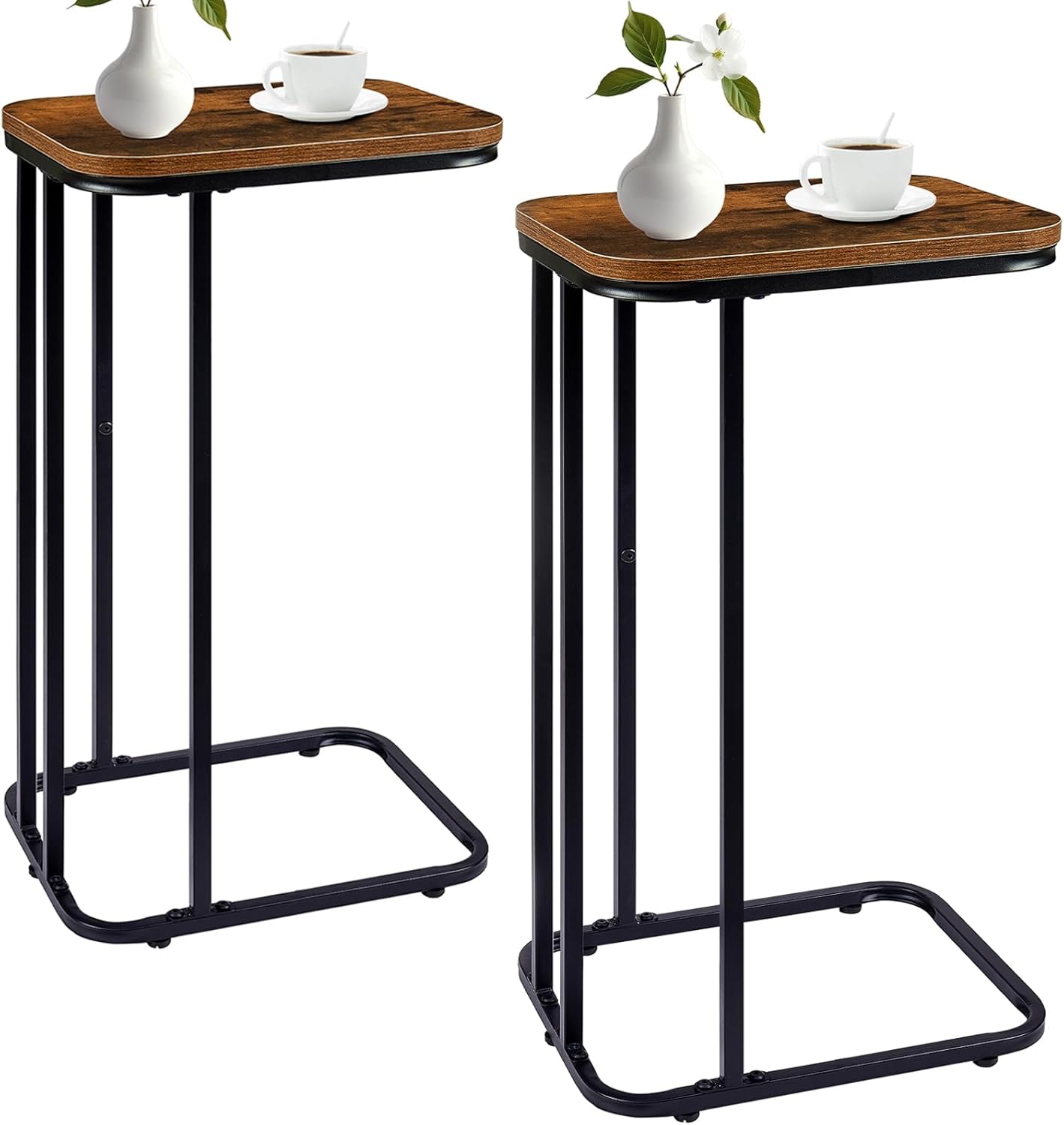 C Shaped End Table Set of 2, Small Side Table for Sofa and Bed, Couch Tables That Slide Under, Tall Tv Tray Table for Living Room, Bedroom, Rustic Brown & Black