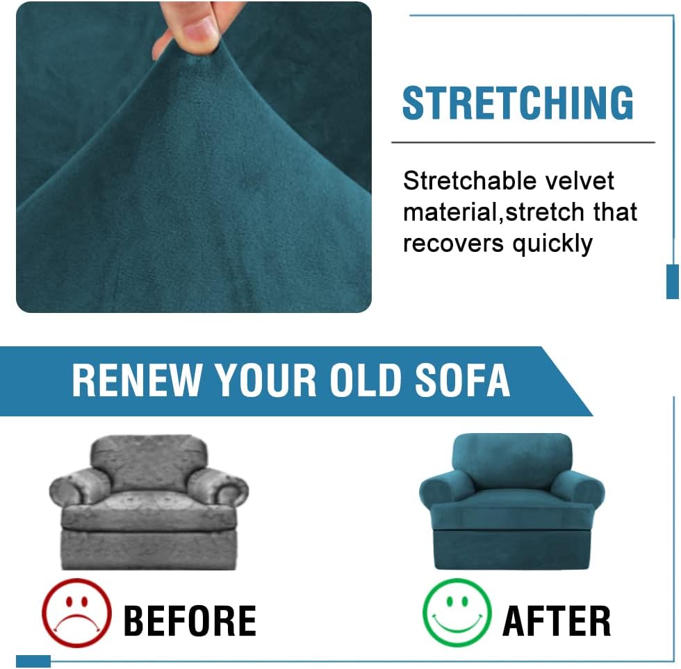 H.VERSAILTEX Sofa Cover 2 Piece T Cushion Armchair Slipcovers Velvet Couch Cover Furniture Protector Stretch T Cushion Sofa Covers for 1 Cushion Couch with 1 Individual T Cushion Covers, Deep Teal