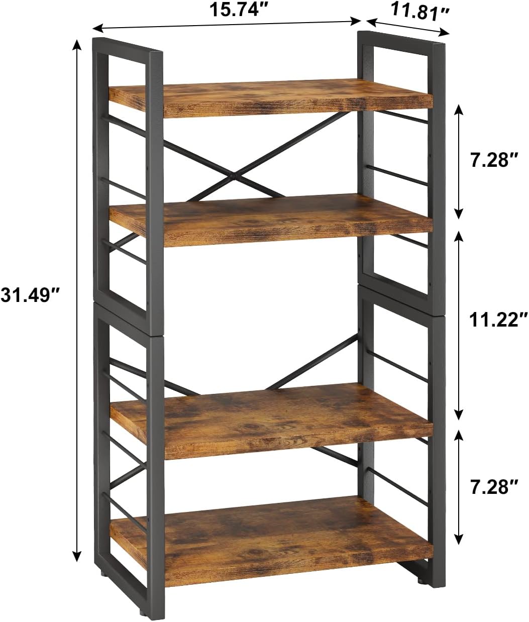 Homeiju Bookshelf, Dorm Desk Hutch, Desk Shelf Organizer, 4 Tier Stackable Bookcase, Adjustable Industrial Book Shelf Storage Organizer for Desktop, Living Room, Bedroom, Office,Rustic Black and Brown