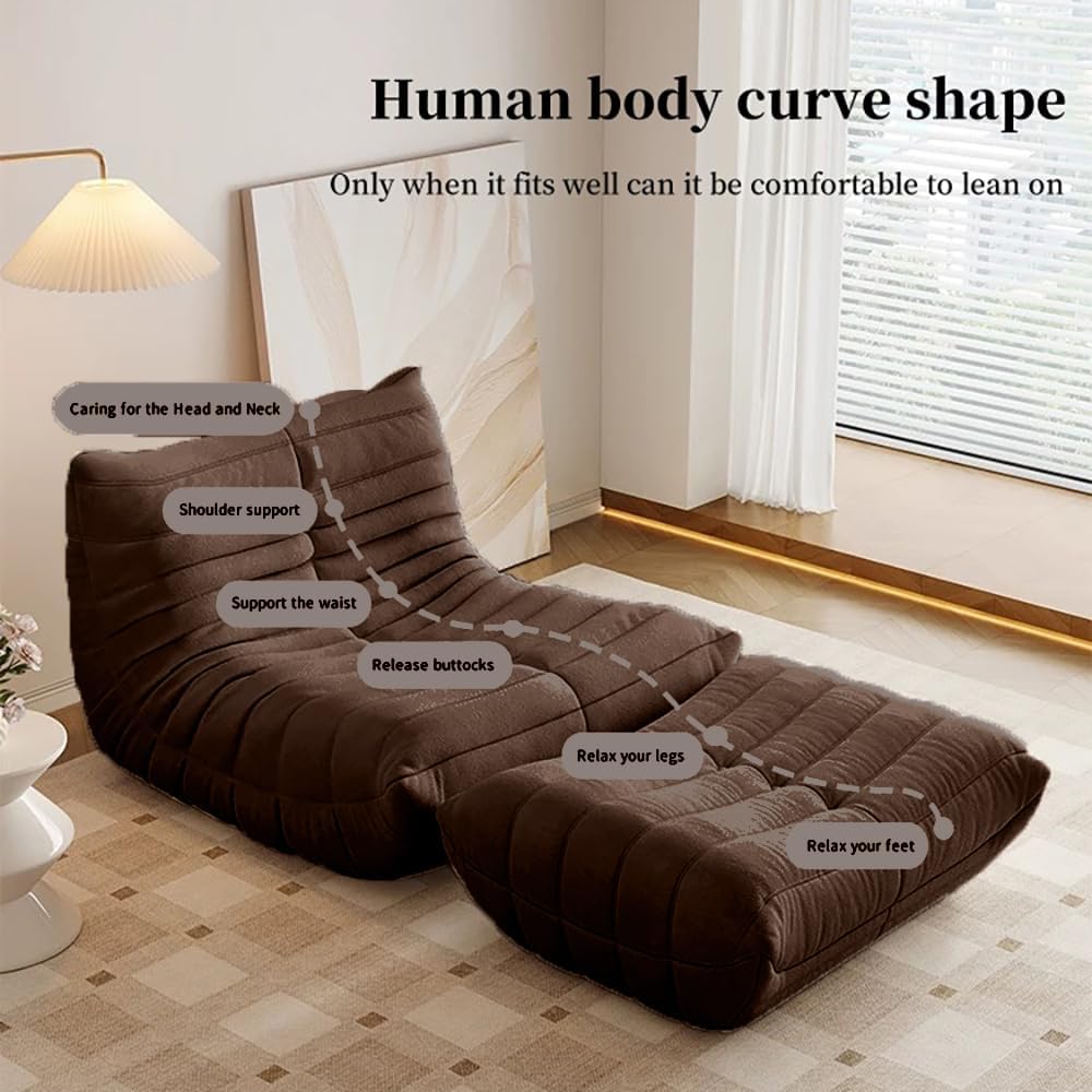 Bean Bag Chair - Memory Foam Bean Bag Chair for Adults, Comfy High-Resilience Single Sofa, Small Space Floor Chair, Chaise Lounge for Living Room, Bedroom(Dark Brown, Wrinkles+Ottoman)