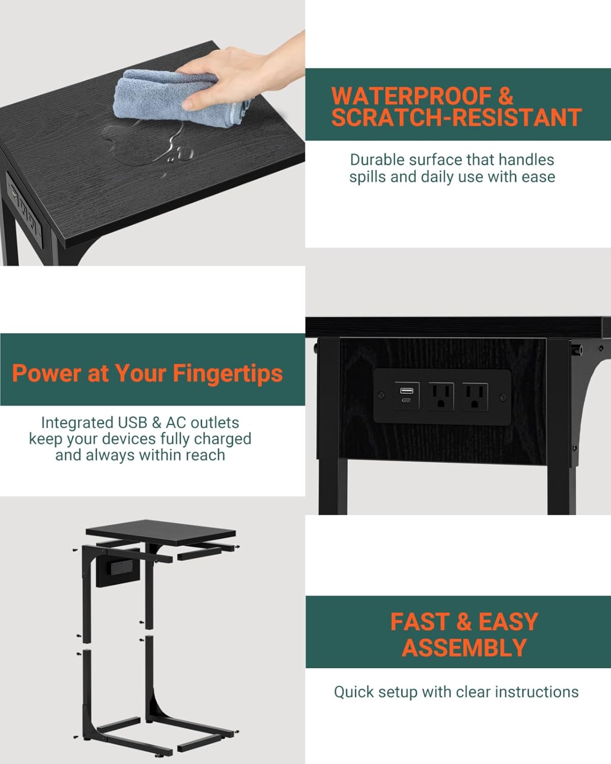 C-Shaped Side Table for Couch - Small Coffee Stand Sofa Tray Desk with Metal Frame Waterproof Scratch Resistant Wood Top and Built-in Charging Station, Black