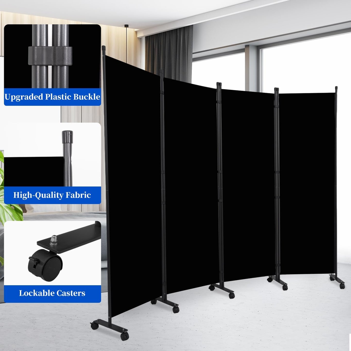 Room Divider 6FT Room Partition with Lockable Wheels,4 Panel (Thicked Metal Base) Room Dividers, Freestanding Indoor Folding Privacy Screens, Portable Fabric Wall Divider for Room Separation, Black