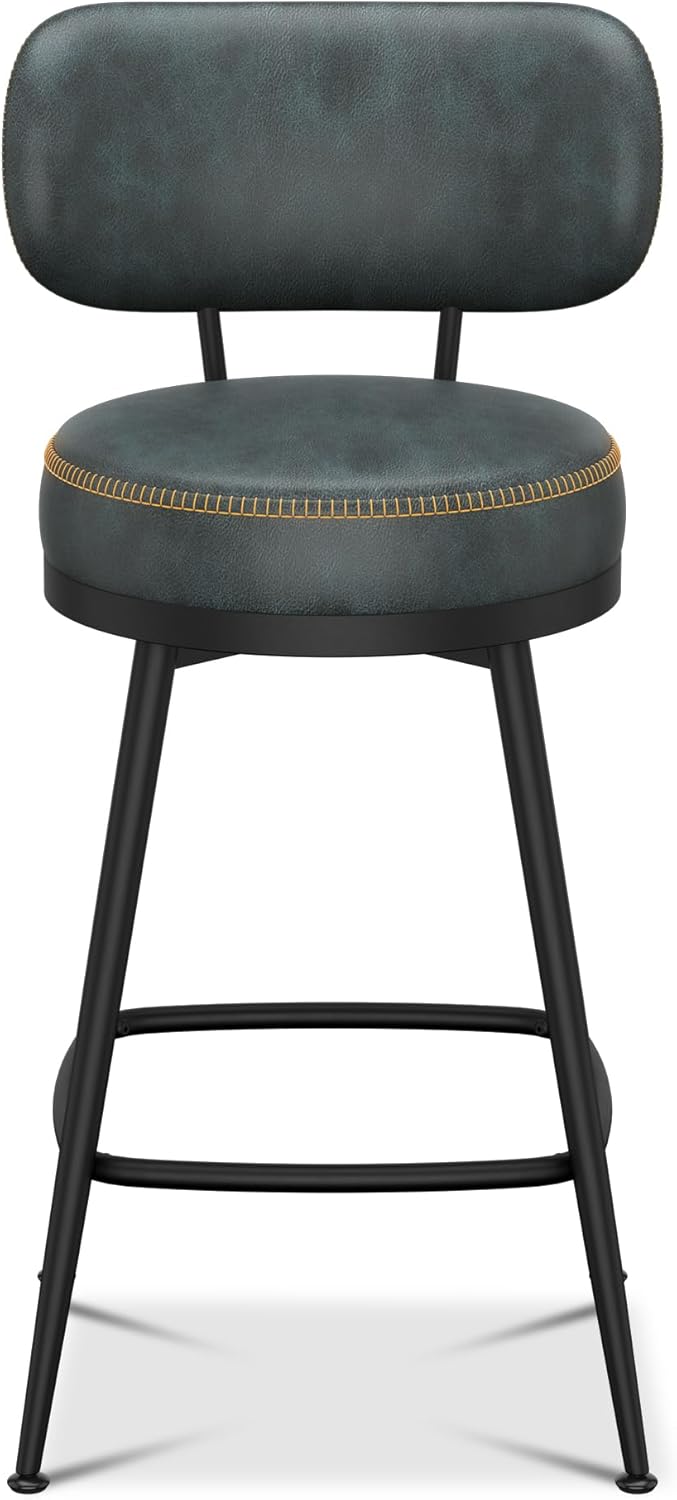 Counter Height Bar Stools, 26" H Swivel Barstools Set of 2, Faux Leather Kitchen Counter Stools with Back and Stylish Stitching, Metal Frame, Pub, Home Bar, Balck Green
