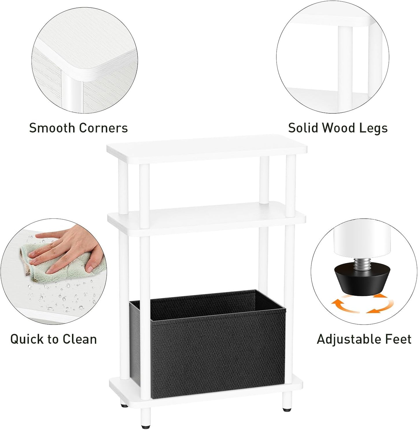 Narrow Side Table with Fabric Basket, 7" Wide, 3 Tier Skinny End Table with Wood Legs, Slim Nightstand/Bedside Table for Small Spaces, with Adjustable Feet, 15.7" L x 23" H, White