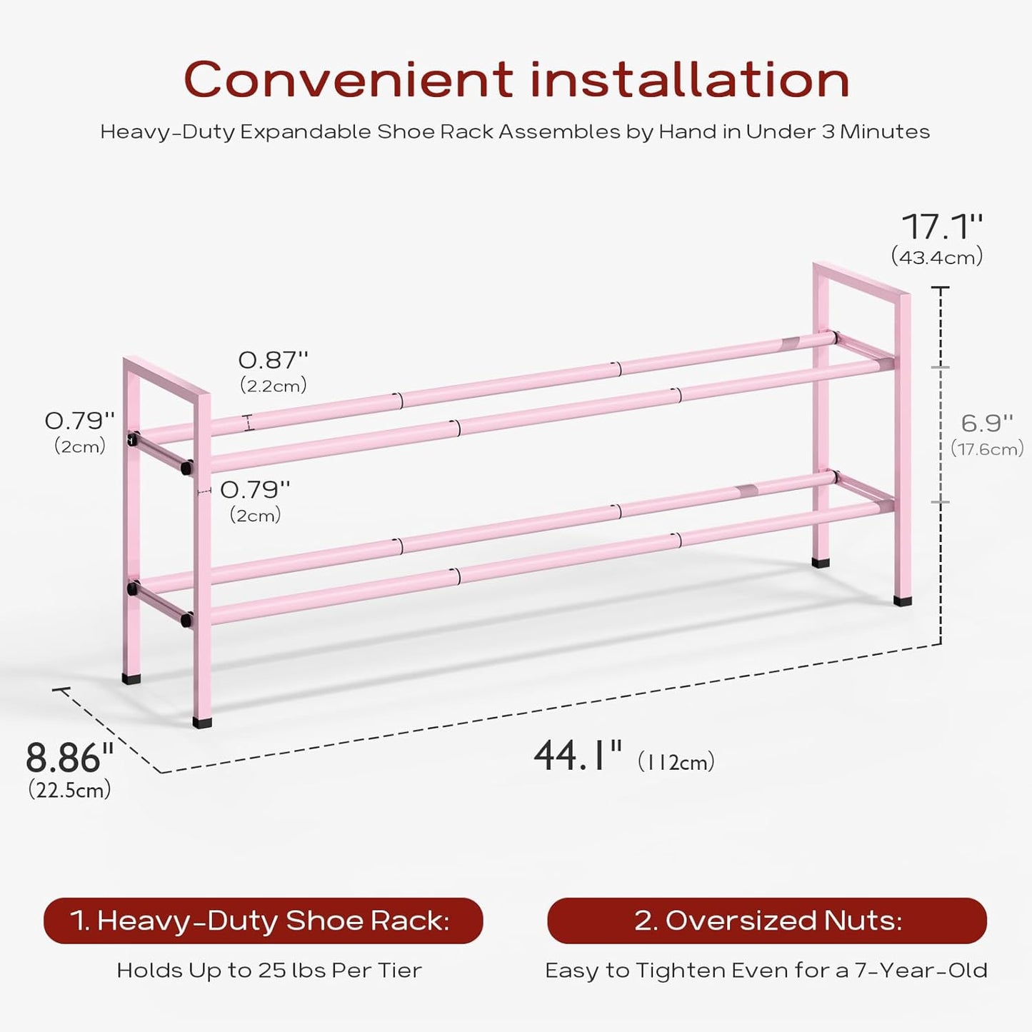 Bumusty 2-Tier Long Expandable Shoe Rack for Closet, 18"-44" Adjustable Shoe Rack for Entryway, 10-12 Pairs Large Shoe Organizer Shelf Storage, Sturdy Metal, Pink