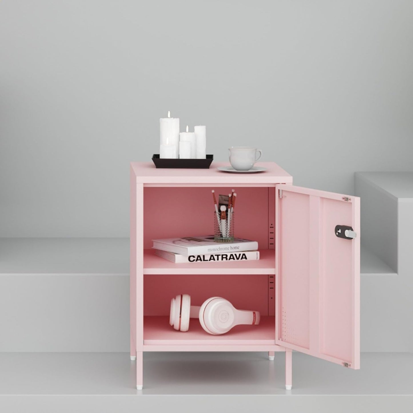 Metal Nightstand-LX (1 Door, Pink)