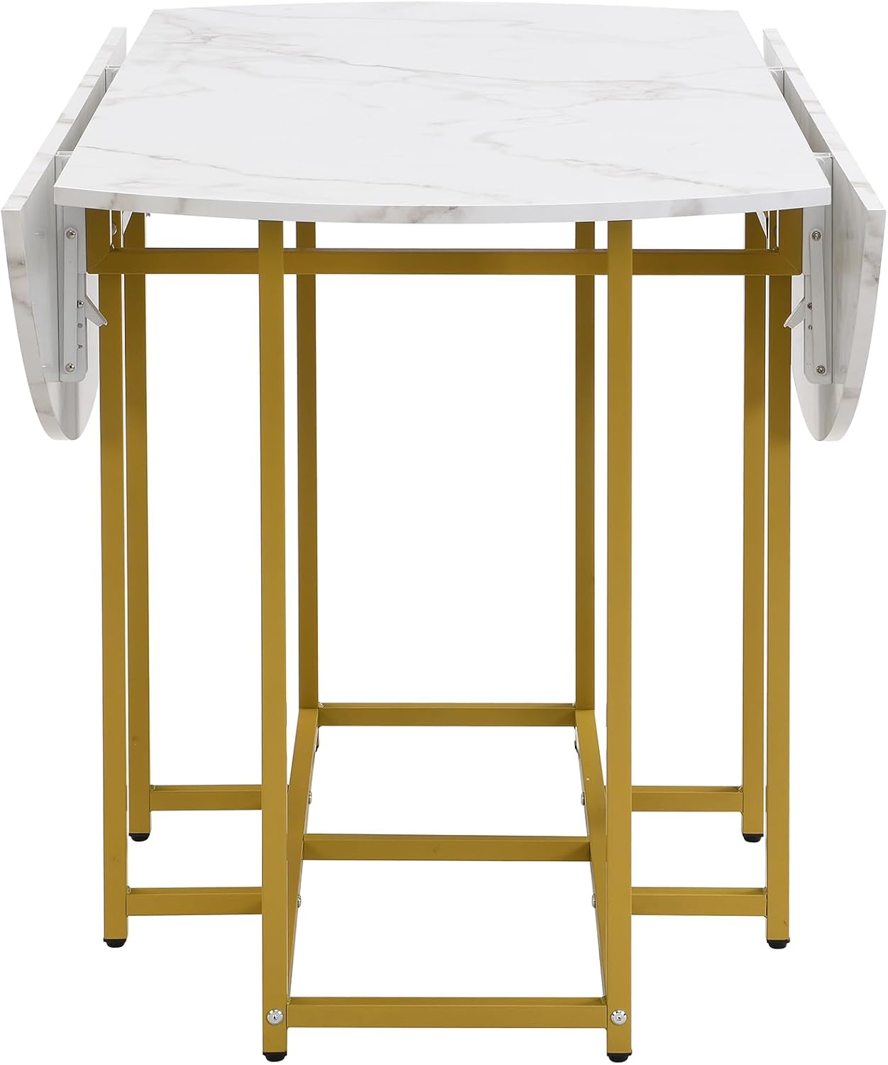 Merax 47.2” Round Dining Table Set for 4, Foldable Kitchen Dining Table with 11.8” Drop Leaves, Faux Marble Top with Golden Frame, 4 Upholstered Chairs (White+Black)