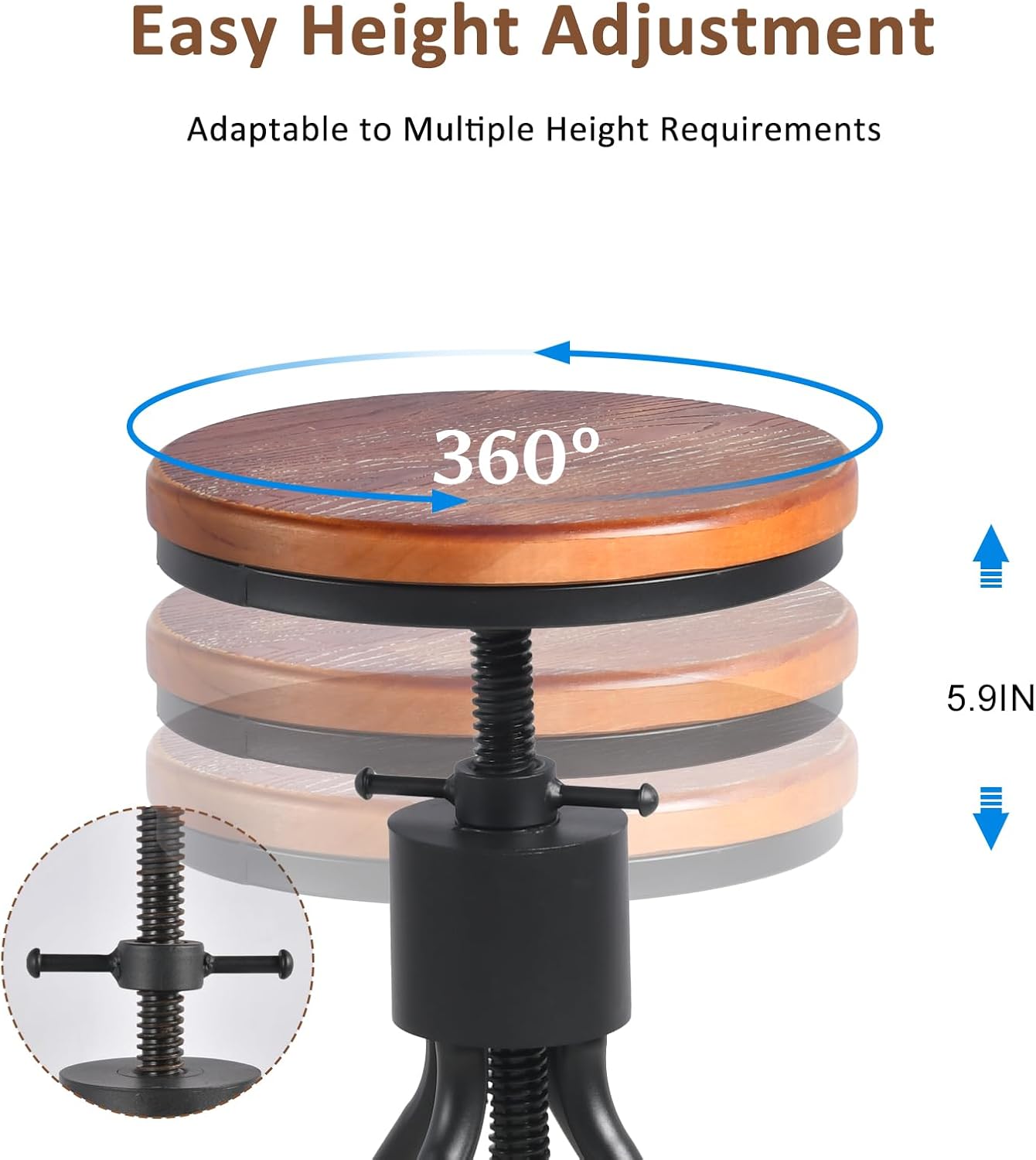 Industrial Bar Stool-Set of 2-Swivel Counter Coffee Chair-Extra Pub Height Adjustable 22-33 inch