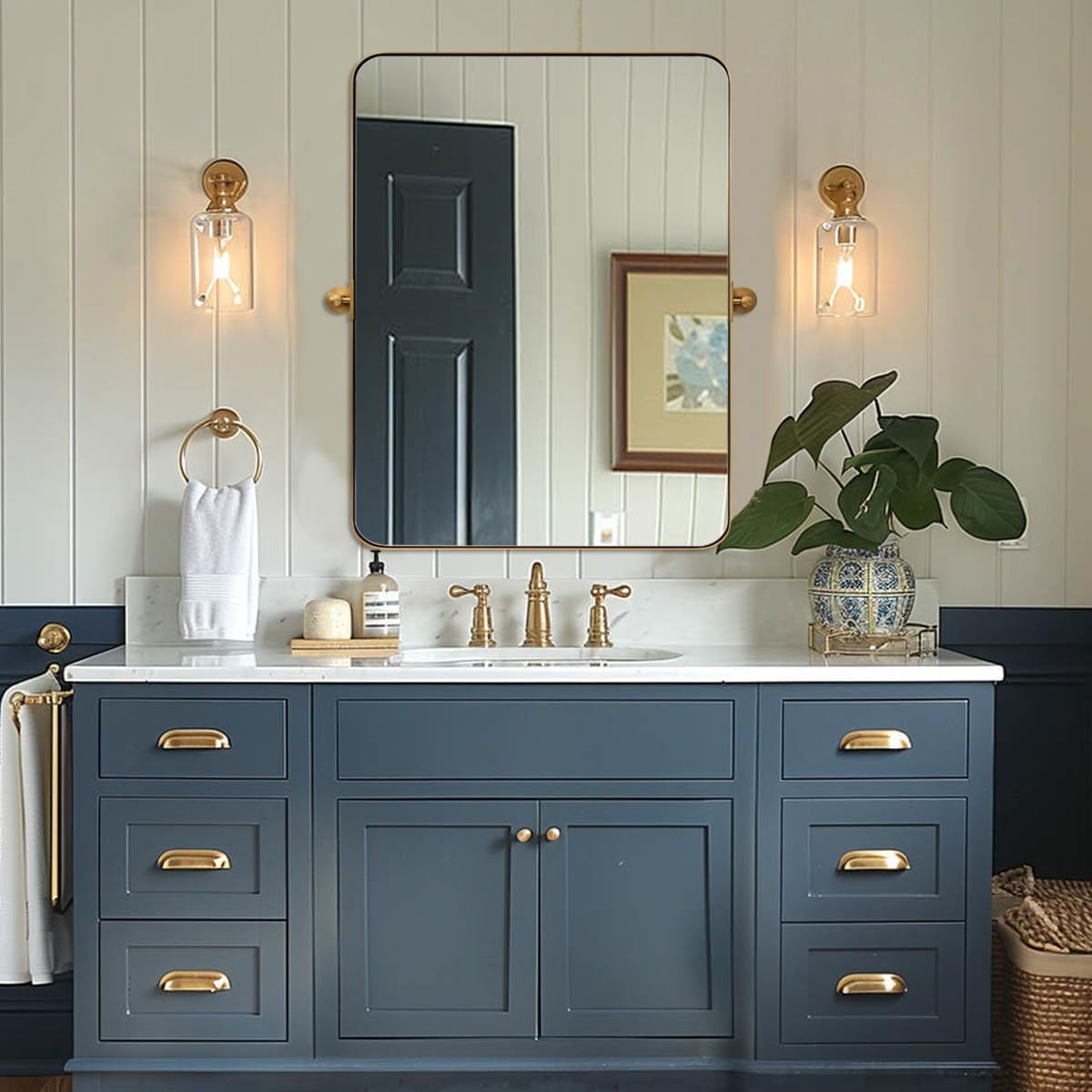 MOON MIRROR Gold Brass Pivot Rounded Rectangle Bathroom Mirror, Brushed Gold Tilt Mirror, Overall 32.33 x 36 in (Mirror 28x 36 in)