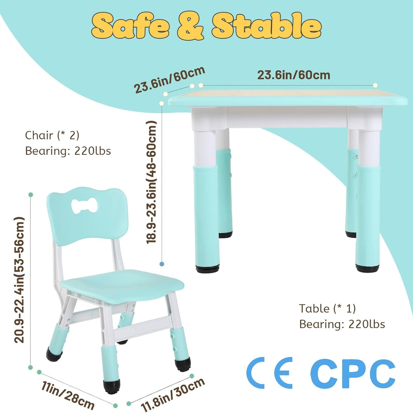 FUNLIO Kids Table and 2 Chairs Set, Height Adjustable Toddler Table and Chair Set for Ages 3-8, Easy to Wipe Arts & Crafts Table, for Classrooms/Daycares/Homes, CPC & CE Approved (3pcs Set) - Green