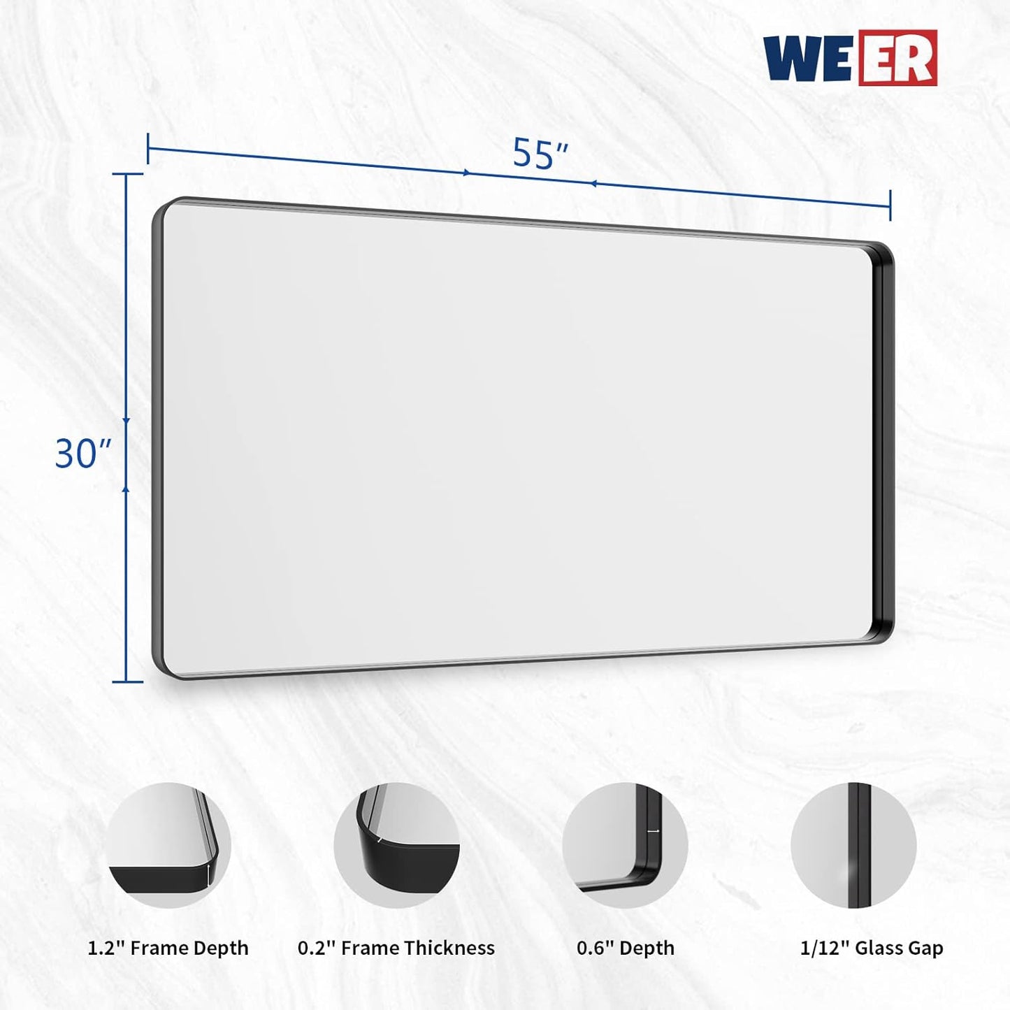 WEER Black Metal Frame Bathroom Mirror, 55x30 Inch Black Bathroom Vanity Mirror for Over Sink Wall, Rounded Rectangle Matte Black Mirror, Anti-Rust, Tempered Glass, Hangs Horizontally or Vertically