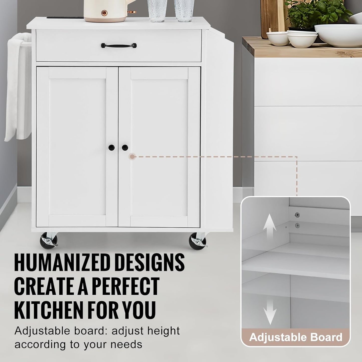 VEVOR Kitchen Island Cart, 32" Mobile Carts with Storage Cabinet, Rolling Table with Power Outlet, Spice Rack, Towel Bar, Adjustable Shelf, Drawer, Dining Living Room Portable Islands on Wheels, White