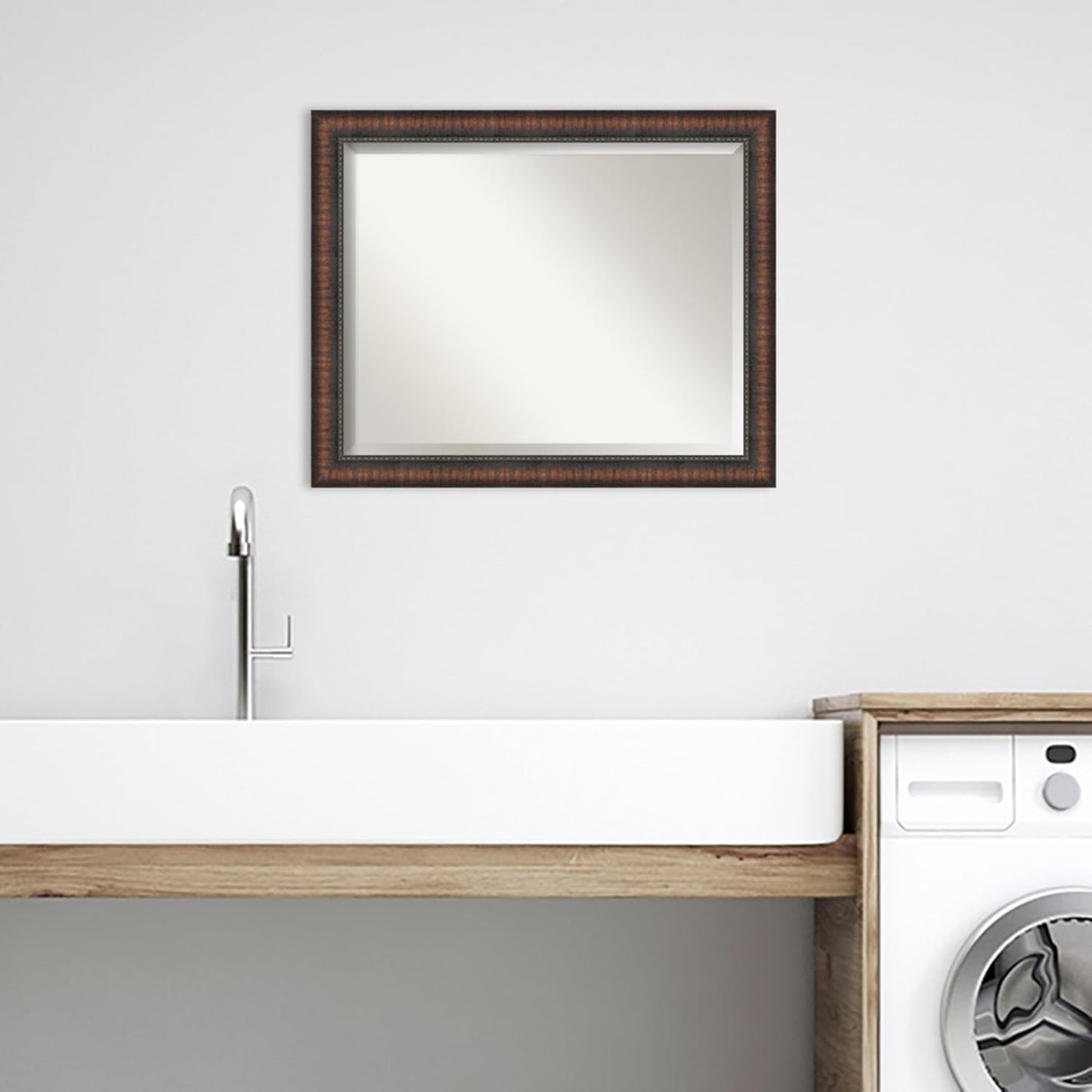 Amanti Art Brown Bathroom Mirror for Over Sink, 26x32 Caleb Brown Rectangle Vanity Mirror, Large Rustic Farmhouse Frame, Hangs Horizonally and Vertically, Bathroom Wall Decor, Beveled Edge