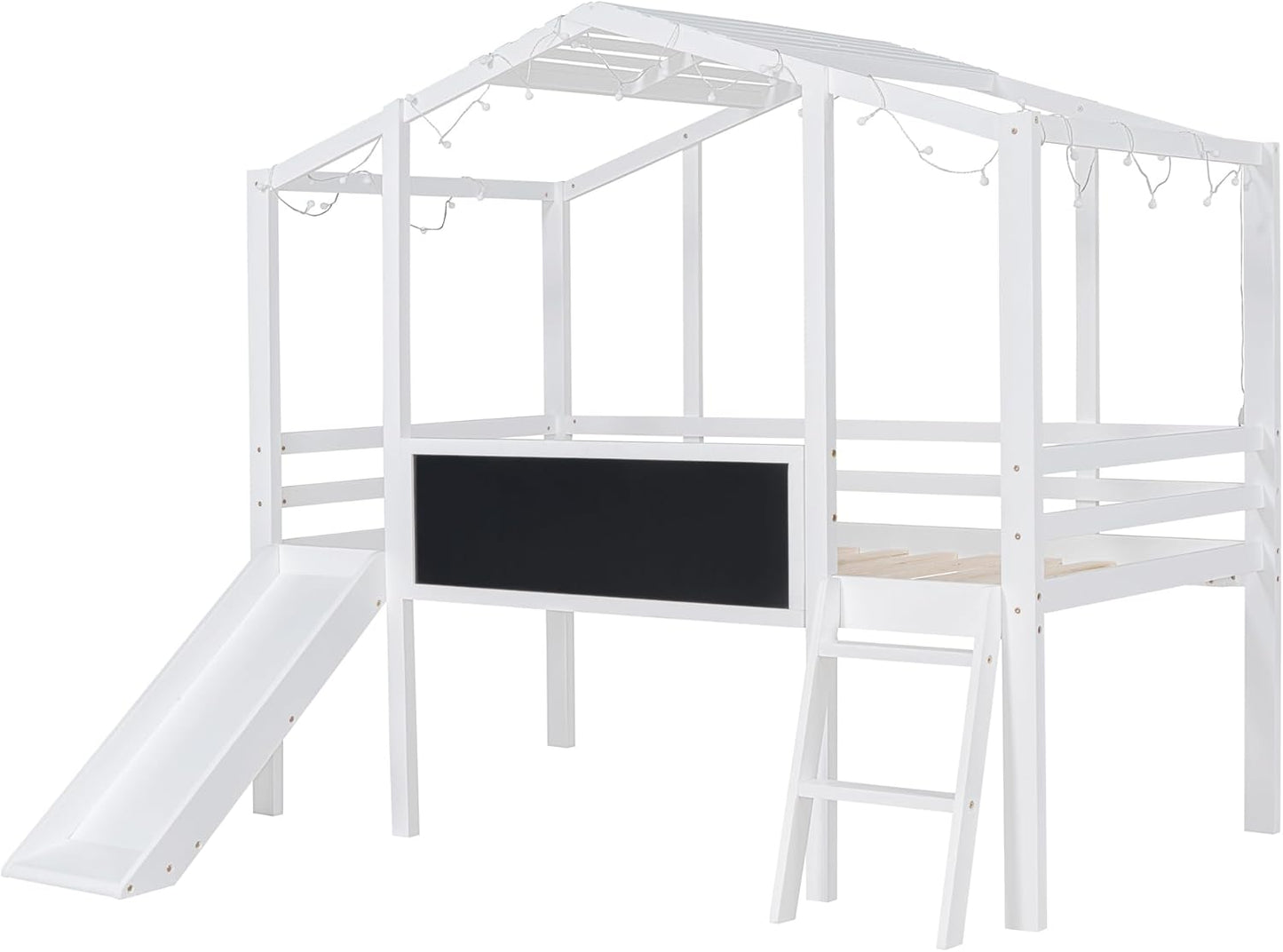 Ball & Cast Twin Size House Loft Bed with Ladder and Slide,Wood Bunkbed w/Blackboard and Light Strip on The Roof,Slat Support,Space Saving,Bedroom Furniture for Student Dorms,White